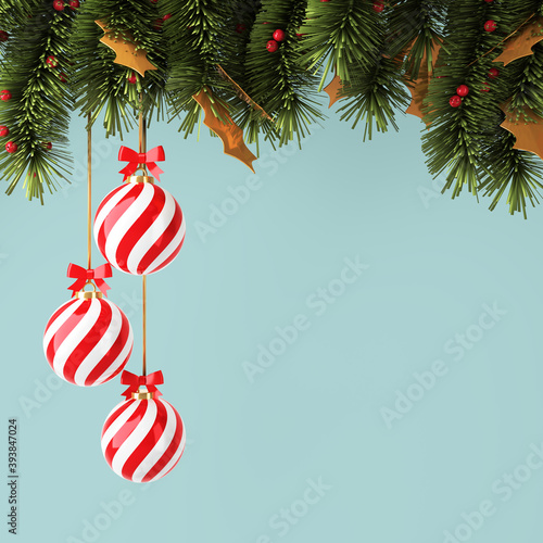 Background Christmas with the red ball and pine branches gold leaf blank space for design. 3D Illustration image.