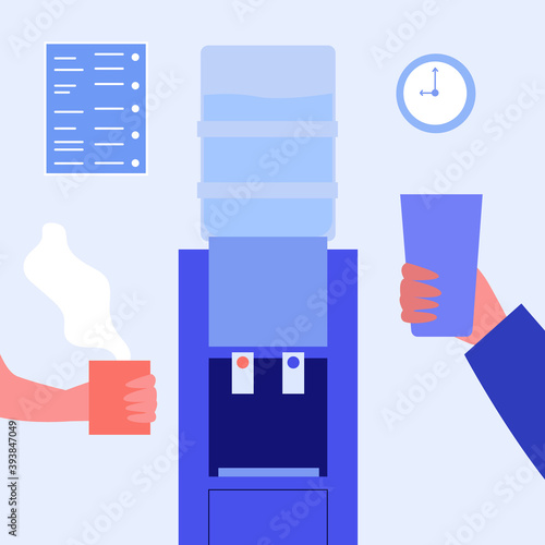 Office water cooler. Hands of employees holding glass of water and cup of hot coffee flat vector illustration. Morning at work, coffee break concept for banner, website design or landing web page