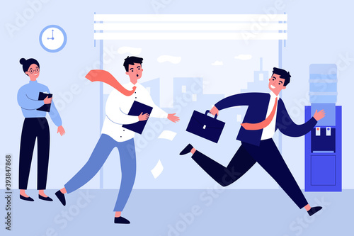 Office worker running after colleague. Worried manager pursuing cheerful coworker flat vector illustration. Office activity, bullying concept for banner, website design or landing web page