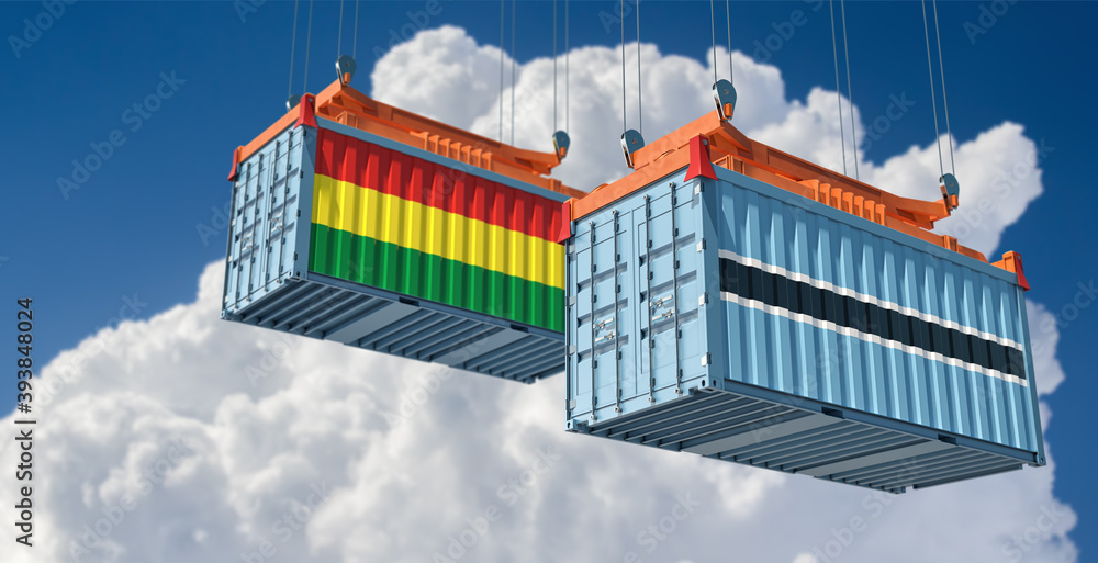 Freight containers with Botswana and Bolivia national flags. 3D Rendering 