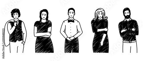 Set of hand-drawn people characters. Vector illustration of 5 cartoon clip-art characters of men and women standing. Hand-drawn black and white doodle with a group of stylishly dressed men and women