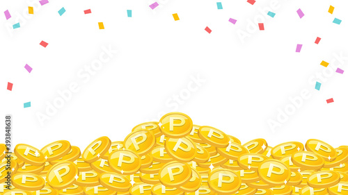 紙吹雪と山積みになり輝く大量のポイントコインのイラスト背景素材　画面比率16:9