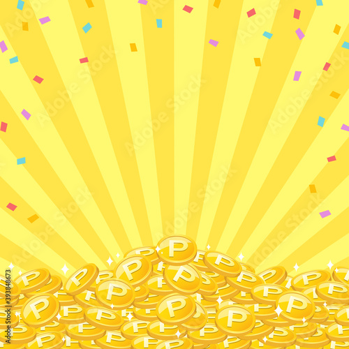 紙吹雪と山積みになり輝くポイントコインのフレーム　下からの集中線　複数バリエーションあり