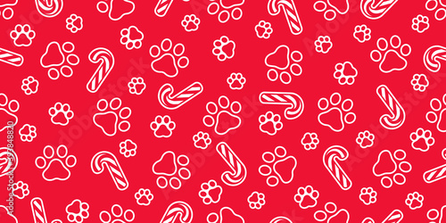 dog paw seamless pattern chriatmas candy cane footprint french bulldog puppy vector pet cartoon repeat wallpaper tile background scarf isolated illustration doodle design