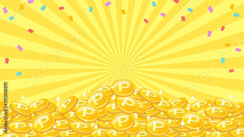 紙吹雪と山積みになり輝くポイントコインのフレーム　中央からの集中線　複数バリエーションあり	