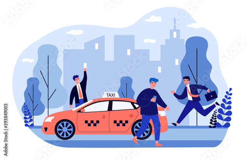 Businesspeople struggling for taxi. Running to cab, waving, using app on cell phone flat vector illustration. Transportation, city traffic concept for banner, website design or landing web page