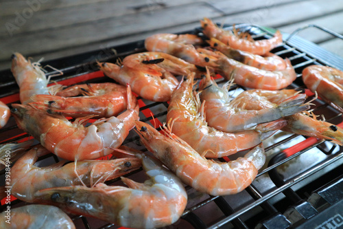 shrimp grilled bbq seafood on stove.