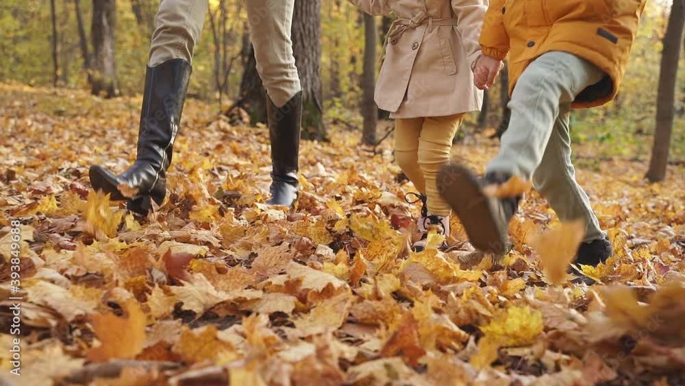 Parents and kids walk in the forest on a sunny fall day, posing, smile and laugh Parents and kids walk in the forest on a sunny fall day, posing, smile and laugh