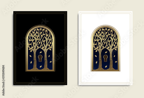 Golden luxury gate, door or window with forest and trees inside