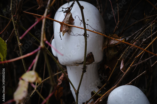 manikin on the street under the fog in autumn