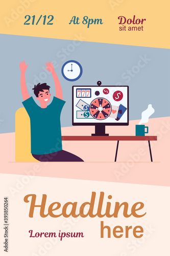 Happy young man celebrating jackpot. Online casino winner, roulette, poker flat vector illustration. Gambling gain, winning money, prize concept for banner, website design or landing web page