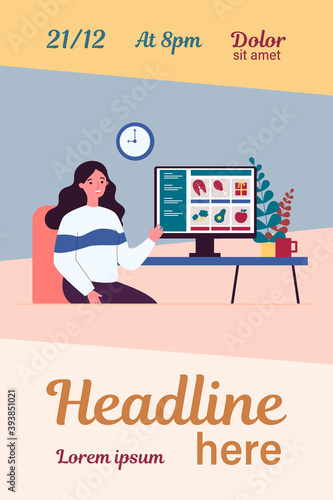 Customer choosing food in online grocery store. Woman at computer, internet shop flat vector illustration. Service, food order during lockdown concept for banner, website design or landing web page