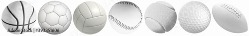 Fotografia Different sports balls in a row: golf, basketball, volleyball, football, tennis, rugby, baseball isolated on a white background