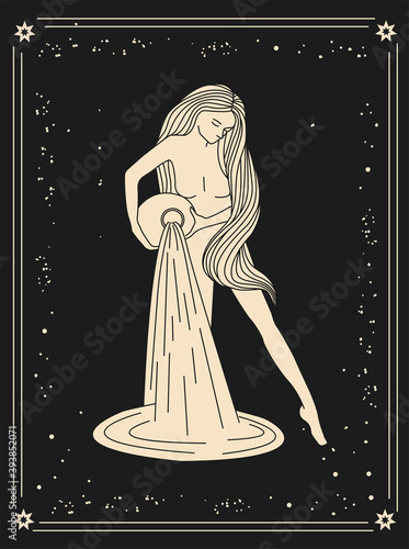 Magic, vector illustration; astrological chart of the zodiac sign; aquarius on a dark gray, black background. Woman in the starry sky. Gold sign on a dark background. A woman with a jug in her hands.