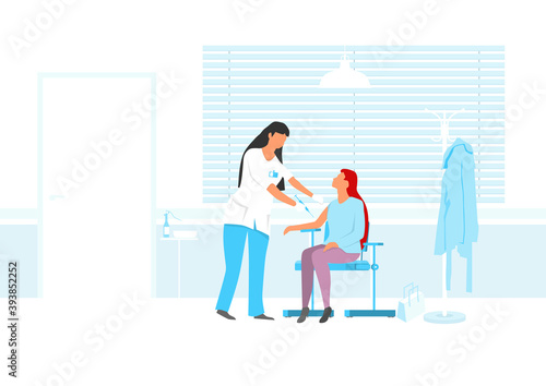 The nurse vaccinates the woman in a doctor's office. The concept of health protection through preventive vaccinations. Flat vector illustration.