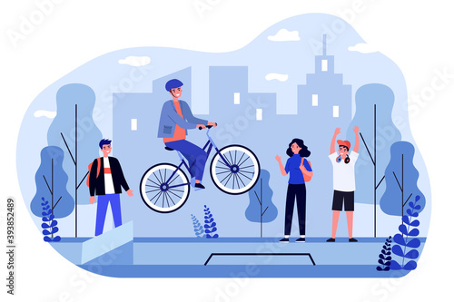 Freestyle bike riding. Cheerful guy in helmet jumping with his bicycle flat vector illustration. Extreme sport, activity, bike show concept for banner, website design or landing web page