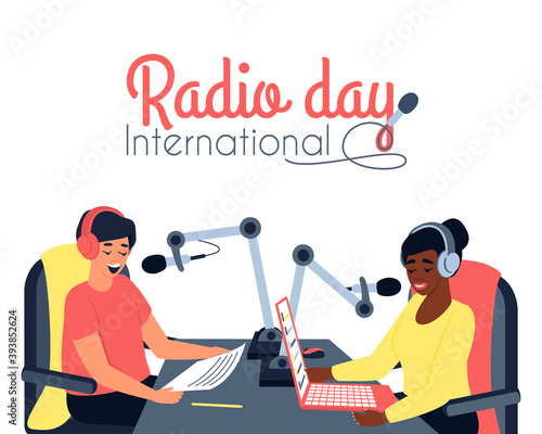 There are two radio presenters, a man and a woman, in the studio. Postcard international radio day. Podcast is a modern format for presenting information. Flat vector illustration