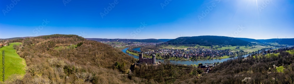 Aerial view, Henneburg, Stadtprozelten, behind Faulbach, Spessart, Franconia, Bavaria, Germany,