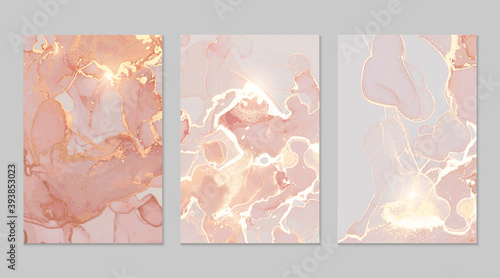 Luxury pink, coral and gold marble abstract background set. Alcohol ink technique vector stone textures. Creative paint with glitter. Template for banner, poster design. Fluid art