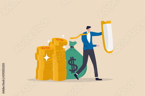 Wealth protection, investment asset allocation portfolio in volatility market or saving guard in financial and economic crisis, businessman expert with strong shield to protect money coins stack.