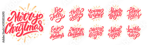 Merry Christmas. Vector lettering greeting phrases set.