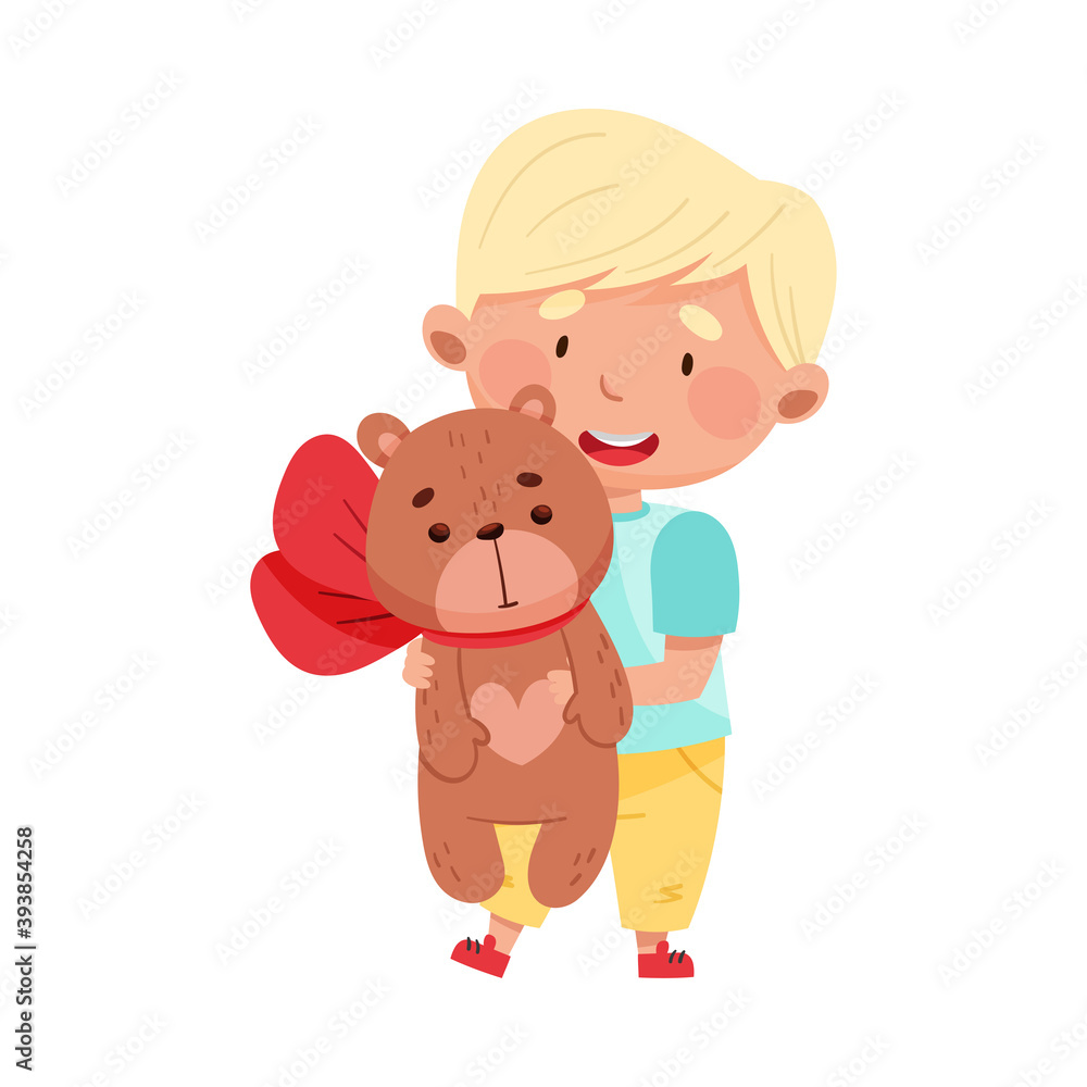 Flushed Boy Character with Blonde Hair Holding Bear Toy with Bow Vector Illustration Flushed Boy Character with Blonde Hair Holding Bear Toy with Bow Vector Illustration