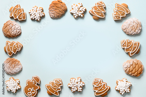 Christmas frame of homemade gingerbread cookies. Flat lay.
