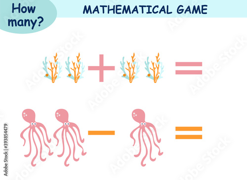 mathematical examples of addition and subtraction. educational page for children. sea world