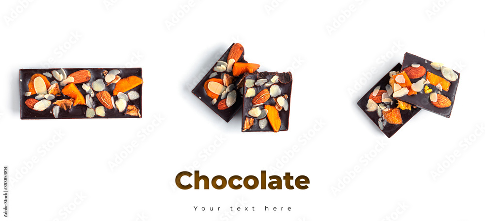 Raw chocolate bar with dried fruits and nuts on a white background. High quality photo