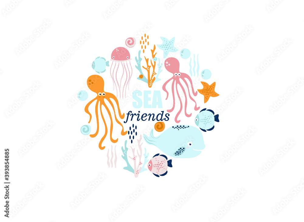 poster of the sea world, vector illustration of fish, whale, jellyfish, squid, stars, seashells, corals poster of the sea world, vector illustration of fish, whale, jellyfish, squid, stars, seashells, corals
