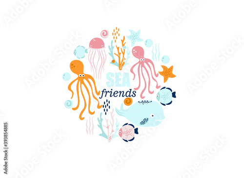 poster of the sea world  vector illustration of fish  whale  jellyfish  squid  stars  seashells  corals