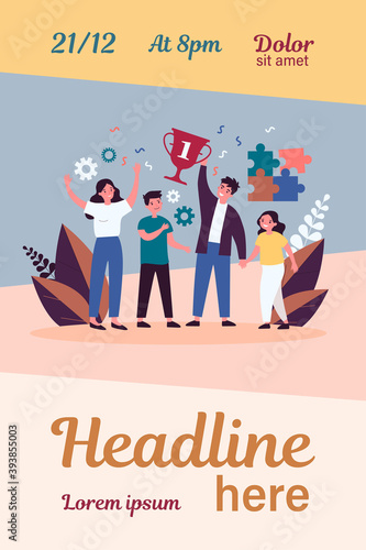 Happy parents and children celebrating success. Family contest, teamwork, togetherness flat vector illustration. Family, success, achievement concept for banner, website design or landing web page