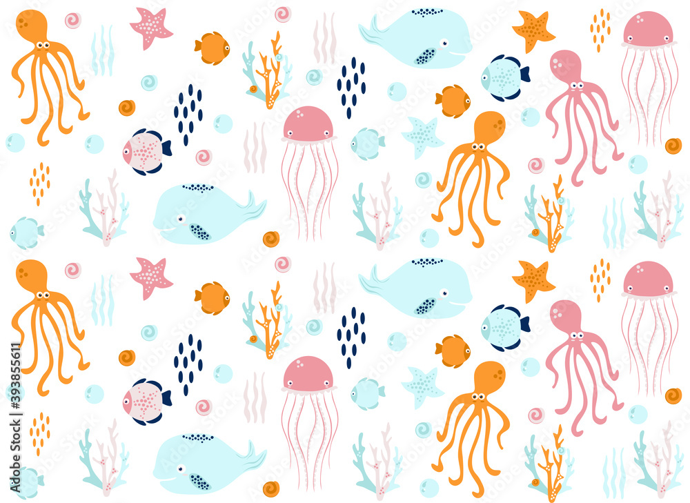 sea world (whale, fish, jellyfish, squid, star, seashell, algae, coral), vector illustration sea world (whale, fish, jellyfish, squid, star, seashell, algae, coral), vector illustration