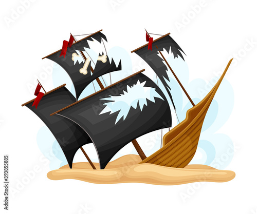 Ruined Pirate Ship or Vessel with Ripped Black Sail Rested on Sand Vector Illustration