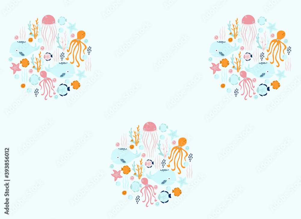 poster of the sea world, vector illustration of fish, whale, jellyfish, squid, stars, seashells, corals poster of the sea world, vector illustration of fish, whale, jellyfish, squid, stars, seashells, corals