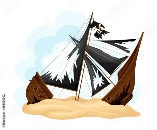 Ruined Pirate Ship or Vessel with Ripped Black Sail Rested on Sand Vector Illustration