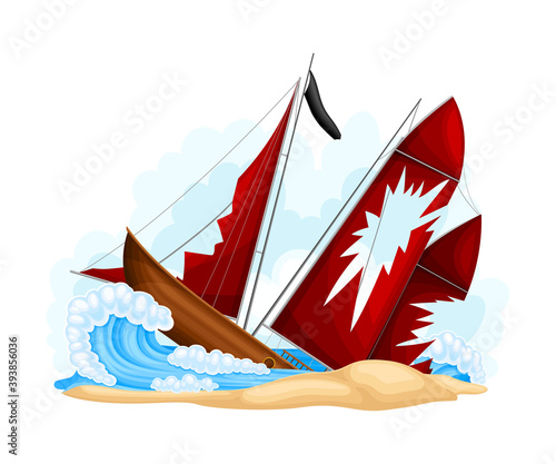 Wreckage of Pirate Ship or Vessel with Ripped Red Sail Vector Illustration