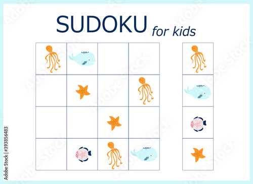 sudoku for kids. Sudoku. Children's puzzles. Educational game for children. sea world