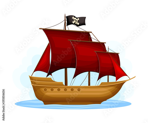 Wooden Pirate Ship or Vessel with Red Sail Vector Illustration