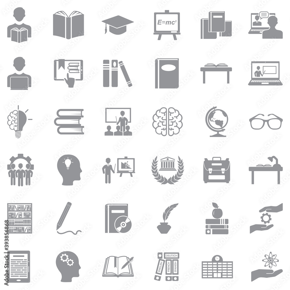 Learning Icons. Gray Flat Design. Vector Illustration.