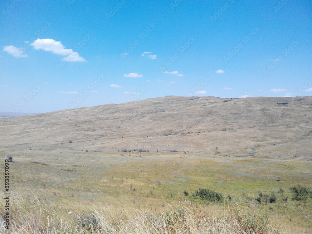 Light yellow hills under the sun.
Stavropol region. Summer sunny day. Blue sky with rare clouds. Steppe with grass burnt out in the sun. Endless spaces.