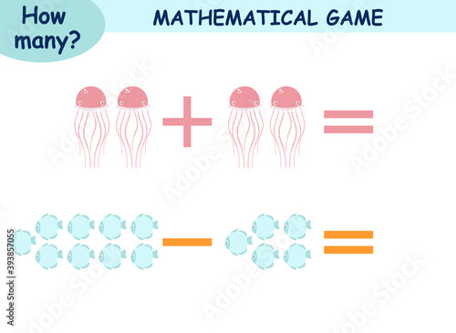 mathematical examples of addition and subtraction. educational page for children. sea world