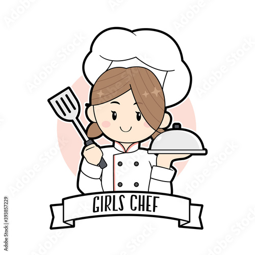 Cute chef girl holding spatula cartoon art illustration logo