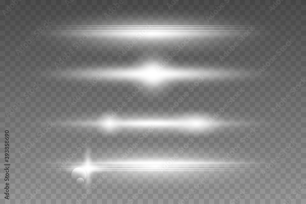 Obraz White horizontal lens flares pack. Laser beams, horizontal light rays. Glowing streaks on dark background.