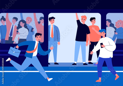 People travelling by subway train. Commuters, passengers, crowd in carriage flat vector illustration. Public transport, commuting, metro concept for banner, website design or landing web page