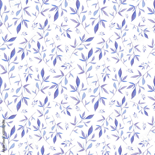 Watercolor color blue leaves seamless pattern. Watercolor fabric. Repeat leaves. Use for design invitations  birthdays  weddings.