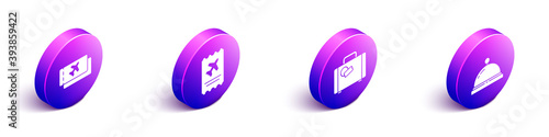 Set Isometric Airline ticket, Airline ticket, Suitcase and Hotel service bell icon. Vector.