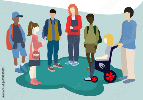 A group of teenagers communicate. Students and friends. Different people. Girl with disability. Vector illustration. 