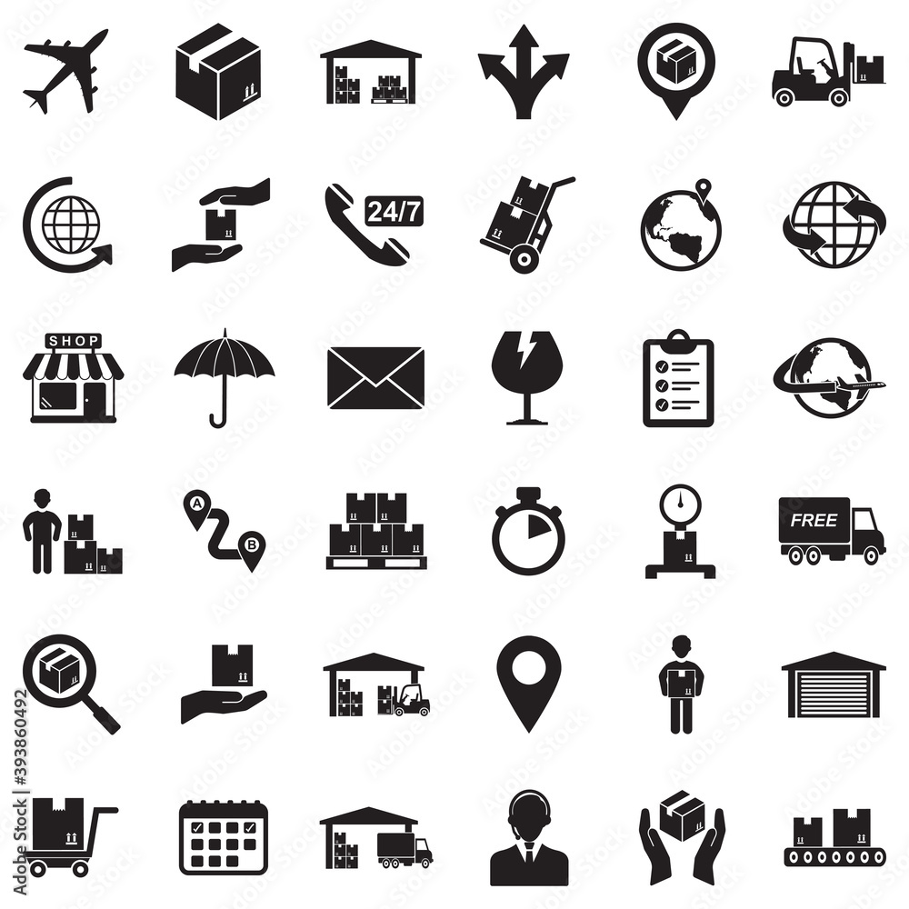 Naklejka premium Logistic Icons. Black Flat Design. Vector Illustration.