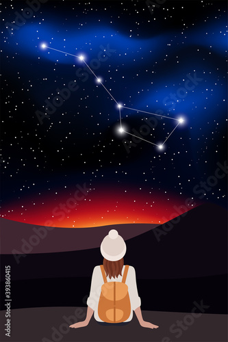 A red-haired girl in light clothes, wearing a hat, with a backpack sits on a rock in the mountains and looks at the constellation URSA major in the sky. Vector stock flat illustration